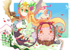 Rule 34 | 1girl, animal, basket, berry, bird, black cat, blonde hair, blush stickers, bow, bug, cat, dragonfly, eagle, epin, freyja (p&amp;d), frills, green eyes, hair tubes, hat, bug, leaf, long hair, outline, petals, pig, plant, puffy short sleeves, puffy sleeves, puzzle &amp; dragons, red bow, short sleeves, sitting, smile, solo, very long hair, wristband
