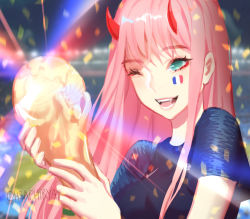 Rule 34 | 10s, 1girl, 2018 fifa world cup, breasts, darling in the franxx, facepaint, fangs, france, french commentary, green eyes, hair between eyes, highres, holding, horns, medium breasts, multicolored background, oni horns, pink hair, red horns, saphirya, smile, soccer, soccer uniform, sportswear, trophy, twitter username, upper body, world cup, zero two (darling in the franxx)