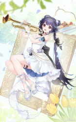 Rule 34 | 1girl, :3, black bow, blunt bangs, bow, braid, cocktail dress, colored shoe soles, crossed ankles, double bun, dress, empty picture frame, flower, food, formal, gloves, hair bow, hair bun, high heels, highres, holding, holding instrument, instrument, invisible chair, long hair, luona, nail polish, nebula beat, official alternate costume, official art, open mouth, picture frame, purple hair, red eyes, ribbon, shoes, single glove, single wrist cuff, sitting, sleeveless, sleeveless dress, smile, solo, thigh strap, tiered tray, trumpet, tulip, twin braids, twintails, very long hair, virtual youtuber, waffle, white dress, white footwear, white gloves, white nails, white ribbon, wrist cuffs, yellow flower, yellow tulip