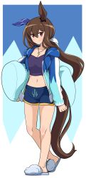 Rule 34 | 1girl, absurdres, admire vega (umamusume), alternate costume, animal ears, breasts, brown hair, closed mouth, collarbone, commentary, dolphin shorts, english commentary, full body, hair between eyes, hair ornament, highres, horse ears, horse tail, jacket, jewelry, kazuuug, long hair, looking at viewer, medium breasts, necklace, pillow, ponytail, red eyes, shorts, simple background, smile, solo, tail, umamusume