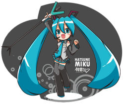 Rule 34 | 1girl, bad id, bad pixiv id, blue eyes, blue hair, chibi, happy, hatsune miku, matching hair/eyes, microphone, miyamoto issa, skirt, solo, spring onion, thighhighs, twintails, vocaloid