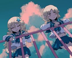 Rule 34 | 2girls, against railing, blonde hair, blue neckerchief, blue sailor collar, blue skirt, blue sky, blush, closed eyes, closed mouth, cloud, commentary request, cookie (touhou), cup, feet out of frame, flat chest, hair between eyes, hair ornament, highres, holding, holding cup, joker (cookie), kirisame marisa, long hair, long sleeves, medium bangs, midriff, miniskirt, mizuhashi parsee, multiple girls, navel, neckerchief, pointy ears, railing, rikadai, sailor collar, short hair, skirt, sky, smile, standing, star (symbol), star hair ornament, suzu (cookie), touhou, yellow eyes
