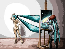 Rule 34 | 2girls, aqua hair, artist painter, ass, beret, black pants, blouse, commentary, dual persona, easel, floating hair, from behind, galaxy, grey shirt, hand up, hat, hatsune miku, long hair, looking back, modeling, multiple girls, nude, nude modeling, painting (action), painting (object), pants, rxjx, shirt, space, standing, twintails, very long hair, vocaloid