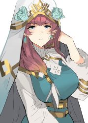 Rule 34 | 1girl, absurdres, blue eyes, breasts, brown hair, dress, earrings, expressionless, fire emblem, fire emblem heroes, fur trim, gunnthra (fire emblem), highres, jewelry, large breasts, long hair, looking at viewer, nintendo, ormille, pink hair, simple background, solo, veil, white background