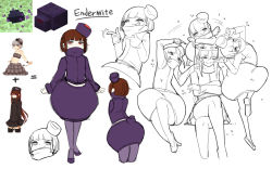 Rule 34 | 6+girls, ander (at2.), anger vein, at2., black legwear, blunt bangs, brown hair, character name, cheek poking, closed eyes, crossed legs, enderman, endermite, flat color, garter straps, grin, highres, long hair, looking away, minecraft, multiple girls, pantyhose, parted lips, partially colored, personification, pointing, pointing at another, poking, red eyes, short hair, silverfish (minecraft), smile, smug, teeth, thighhighs