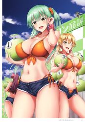Rule 34 | 3girls, absurdres, akizuki akina, artist name, bare shoulders, bikini, bikini under clothes, blonde hair, blue sky, breasts, brown eyes, buttons, cleavage, cloud, cloudy sky, collarbone, day, food, front-tie bikini top, front-tie top, fruit, green eyes, green hair, hair ornament, hair scrunchie, highres, holding, large breasts, looking at viewer, multiple girls, navel, outdoors, page number, purple hair, scan, scrunchie, shiny skin, short shorts, shorts, side-tie bikini bottom, side ponytail, sky, sleeveless, stomach, swimsuit, thighs, twintails, watermelon, wrist scrunchie
