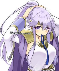 Rule 34 | 1girl, armpit peek, armpits, arms up, bare shoulders, book, breasts, cape, circlet, detached sleeves, dress, fire emblem, fire emblem: genealogy of the holy war, hair between eyes, hand in own hair, holding, julia (fire emblem), long hair, looking at viewer, medium breasts, nintendo, open mouth, ponytail, purple eyes, purple hair, ribbon, smile, solo, twitter username, upper body, white dress, yukia (firstaid0)