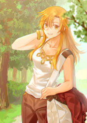 Rule 34 | 1girl, bad id, bad pixiv id, bag, blonde hair, bracelet, breasts, brown eyes, brown pants, cleavage, collarbone, cowboy shot, day, grin, hand in own hair, highres, holding, holding bag, jewelry, k harris, long hair, looking at viewer, medium breasts, original, outdoors, pants, shirt, sleeveless, sleeveless shirt, smile, solo, standing, tree, white bag, white shirt