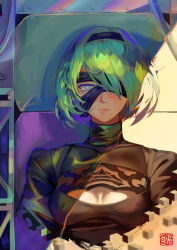Rule 34 | 1girl, black dress, blindfold, blue eyes, breasts, cleavage, cleavage cutout, clothing cutout, dress, godsh0t, green hair, mole, mole under mouth, nier (series), nier:automata, one eye covered, solo, 2b (nier:automata)