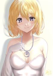 Rule 34 | 1girl, absurdres, arm behind back, blonde hair, breasts, cleavage, dress, elbow gloves, elena stoddart, gloves, highres, jewelry, looking at viewer, medium breasts, necklace, purple eyes, sakurano miki, shadow, simple background, smile, solo, upper body, white background, white dress, white gloves, ys, ys iii wanderers of ys