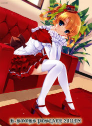 Rule 34 | 1girl, absurdres, blonde hair, blue eyes, blush, couch, dutch angle, frills, gathers, hair ribbon, hair rings, hat, high heels, highres, kuroya shinobu, leaning forward, legs, looking at viewer, mini hat, mini top hat, orange hair, original, plant, red footwear, ribbon, rug, shoes, sitting, sitting on object, smile, solo, thighhighs, too many, top hat, twintails, white thighhighs, zettai ryouiki