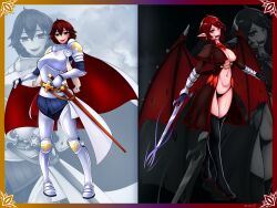 Rule 34 | 1girl, absurdres, armor, before and after, blood, blush, breasts, cape, chain, cleavage, cleavage cutout, clothing cutout, coat, come hither, corruption, dark persona, dual persona, fangs, gauntlets, green eyes, high heels, highres, knight, large breasts, looking at viewer, low wings, monster girl, monster girl encyclopedia, monsterification, naughty face, no bra, open clothes, open coat, open mouth, red eyes, red hair, revealing clothes, scabbard, sharp teeth, sheath, short hair, shrasik, slit pupils, smile, smug, sword, teet, teeth, thong, torn wings, transformation, undead, underboob, underboob cutout, vampire, vampire (monster girl encyclopedia), warrior, weapon, wings