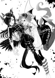 Rule 34 | 2girls, air shakur (belphegor&#039;s prime) (umamusume), air shakur (umamusume), alternate costume, animal ears, ankle boots, arm around back, arm around neck, asymmetrical bangs, asymmetrical footwear, boots, bow, bowtie, breasts, center frills, chain, clothing cutout, corset, eyebrow piercing, fangs, frills, gloves, greyscale, grin, highres, horns, horse ears, horse girl, horse tail, jacket, long hair, long sleeves, looking at viewer, low wings, medium breasts, mismatched footwear, monochrome, multiple girls, nayuta ggg, open mouth, pants, piercing, sharp teeth, shirt, short hair, small breasts, smile, tail, tail through clothes, tap dance city (umamusume), teeth, thigh boots, umamusume, wings