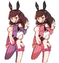 Rule 34 | 1girl, adapted costume, animal ear headphones, animal ears, anpolly, arm at side, blue bodysuit, bodysuit, breasts, brown eyes, brown hair, center opening, cowboy shot, cropped legs, cuffs, d.va (overwatch), eyebrows, facepaint, facial mark, fake animal ears, headphones, headset, legs apart, long hair, looking at viewer, medium breasts, microphone, multiple views, overwatch, overwatch 1, pink bodysuit, pout, rabbit ear headphones, rabbit ears, rabbit tail, shoulder pads, simple background, skin tight, standing, tail, thigh strap, variations, waving, whisker markings, white background