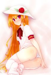 Rule 34 | 1girl, alternate color, ass, blonde hair, blush, color switch, gradient background, hat, hinanawi tenshi, long hair, lying, no pants, no shoes, on side, pandamonium, panties, red eyes, short sleeves, solo, thighhighs, touhou, underwear, very long hair, white panties, white thighhighs