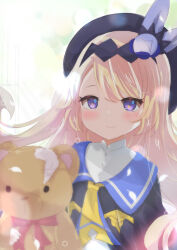 Rule 34 | 1girl, blonde hair, blush, dragalia lost, female focus, hair ornament, hat, highres, holding, holding stuffed toy, lathna, long hair, looking at viewer, osakilo, purple eyes, smile, solo, stuffed animal, stuffed toy, teddy bear, torn, upper body