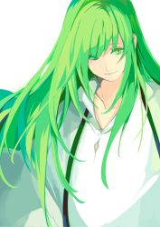 Rule 34 | 1girl, closed mouth, collarbone, enkidu (fate), fate (series), green eyes, green hair, highres, long hair, male focus, original, robe, simple background, smile, solo, white background, white robe, yumitoriaoi