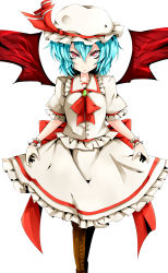 Rule 34 | &gt;:), 1girl, ascot, bad id, bad pixiv id, bat wings, blue hair, boots, brooch, brown footwear, cross-laced footwear, derivative work, female focus, frilled shirt collar, frilled skirt, frilled sleeves, frills, hat, hat ribbon, highres, hoshi (menma), jewelry, lace-up boots, looking at viewer, mob cap, puffy short sleeves, puffy sleeves, red eyes, red ribbon, remilia scarlet, ribbon, sash, shirt, short hair, short sleeves, simple background, skirt, skirt set, solo, touhou, v-shaped eyebrows, watao, white background, white shirt, white skirt, wings, wrist cuffs