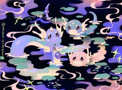 Rule 34 | alternate color, commentary, creatures (company), dragonair, dratini, english commentary, game freak, gen 1 pokemon, highres, lily pad, looking at viewer, nintendo, no humans, partially submerged, pokemon, pokemon (creature), shiny and normal, shiny pokemon, spaceinvadeeer, twitter username, water