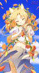 Rule 34 | 1girl, animal ears, blonde hair, blue skirt, blue sky, blush, closed eyes, closed mouth, cloud, commentary request, crop top, day, facing viewer, feet out of frame, flower, fox ears, fox girl, fox tail, highres, holding, ichimi renge, long hair, medium skirt, midriff, navel, orange flower, original, parted bangs, petals, shirt, short sleeves, signature, skirt, sky, smile, solo, standing, tail, twitter username, white shirt
