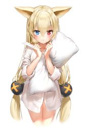 Rule 34 | 1girl, alternate costume, animal ears, bad id, bad twitter id, blonde hair, blouse, blue eyes, blush, cat ears, collared shirt, commentary, g41 (girls&#039; frontline), girls&#039; frontline, hair between eyes, heterochromia, highres, holding, holding pillow, long hair, looking at viewer, low-tied long hair, low twintails, marmoset (marmoset0), no pants, hugging object, pajamas, pillow, pillow hug, red eyes, shirt, simple background, solo, twintails, very long hair, white background, white shirt