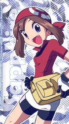 Rule 34 | 1girl, artist name, ass, bag, bandana, bike shorts, black shorts, blue eyes, brown hair, child, collared shirt, colorized, creatures (company), eyelashes, fangs, fanny pack, female focus, flat chest, from behind, game freak, gen 3 pokemon, gloves, hand on own hip, happy, holding, holding bag, legs, looking at viewer, may (pokemon), medium hair, multiple views, nintendo, open mouth, poke ball symbol, pokemon, pokemon adventures, print bandanna, print headwear, red bandana, red headwear, shiny clothes, shiny skin, shirt, short shorts, shorts, side bangs, smile, standing, t-shirt, thighs, turnaround, two-tone gloves, two-tone headwear