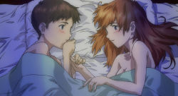 Rule 34 | 1boy, 1girl, afterglow, bed, blue eyes, blush, brown hair, completely nude, couple, eye contact, hetero, holding hands, ikari shinji, long hair, looking at another, lying, neon genesis evangelion, nude, red hair, smile, souryuu asuka langley, under covers