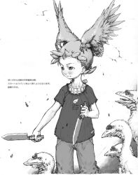 Rule 34 | 1girl, 4n, animal, beak, bird, child, claws, dual wielding, feathers, flat chest, harukaze poppu, head wings, holding, japanese text, knife, monochrome, monster girl, ojamajo doremi, simple background, sketch, standing, translation request, weapon, white background, wings