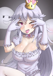 Rule 34 | 1girl, absurdres, bad id, bad pixiv id, blush, boo (mario), breasts, choker, cleavage, collarbone, commentary request, crown, dress, frilled choker, frilled dress, frilled gloves, frilled sleeves, frills, gloves, hair between eyes, highres, large breasts, long hair, looking at viewer, luigi&#039;s mansion, mario (series), mini crown, new super mario bros. u deluxe, nintendo, one eye closed, open mouth, osananajimi neko, peeking through fingers, princess king boo, puffy short sleeves, puffy sleeves, purple eyes, sharp teeth, short sleeves, sidelocks, super crown, teeth, tilted headwear, tongue, tongue out, very long hair, white choker, white dress, white gloves, white hair, white legwear