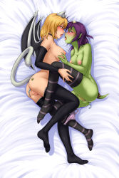 Rule 34 | 2girls, anal, anal beads, animeflux, ass, bed sheet, black legwear, blonde hair, blush, borrowed character, breasts, cleft of venus, collarbone, colored skin, couple, crossover, detached sleeves, dragon girl, eye contact, feet, grabbing, grabbing another&#039;s breast, green skin, highres, large breasts, looking at another, lying, mini wings, monster girl, multiple girls, nalica (animeflux), nipples, nude, on side, original, panties, panties around leg, purple hair, pussy, pussy juice, pussy juice stain, saliva, saliva trail, sapphicneko (sapphicneko), sex toy, socks, soles, striped clothes, striped legwear, striped panties, striped thighhighs, tail, thighhighs, thighs, toes, tongue, tongue out, uncensored, underwear, wings, yuri