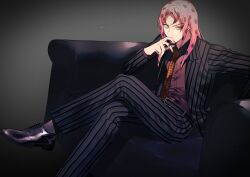 Rule 34 | 1boy, absurdres, arm rest, belt, cigarette, collared shirt, couch, covering own mouth, crossed legs, diavolo, formal, green eyes, highres, holding, holding cigarette, jojo no kimyou na bouken, long hair, long sleeves, looking away, looking to the side, male focus, parted bangs, pink hair, pinstripe pattern, pinstripe suit, polka dot necktie, shirt, sitting, smoking, solo, spotted hair, striped, suit, vento aureo, yashio kurenai