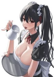 Rule 34 | 1girl, arm under breasts, black hair, blush, bow, breast rest, breasts, cleavage, collarbone, detached collar, from side, hair ornament, hair scrunchie, hand up, highres, holding, holding tray, kaminari doon, large breasts, long hair, looking at viewer, maid, milk, mole, mole under eye, neck ribbon, original, pinky out, pitcher (container), pouring, pouring onto self, red eyes, ribbon, scrunchie, tongue, tongue out, tray, twintails, waist bow