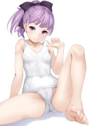 Rule 34 | 1girl, absurdres, adjusting clothes, adjusting swimsuit, bare legs, bare shoulders, barefoot, breasts, covered navel, fate/grand order, fate (series), helena blavatsky (fate), helena blavatsky (swimsuit archer) (fate), helena blavatsky (swimsuit archer) (first ascension) (fate), highres, looking at viewer, one-piece swimsuit, ponytail, purple eyes, purple hair, school swimsuit, short hair, short ponytail, sitting, small breasts, smile, solo, swimsuit, white background, white one-piece swimsuit, yamachi (xadp7533)
