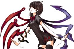 Rule 34 | 1girl, asymmetrical wings, black eyes, black hair, dress, female focus, houjuu nue, red eyes, shiren, shiren (monochrome structure), short hair, simple background, solo, thighhighs, touhou, white background, wings, wristband, zettai ryouiki