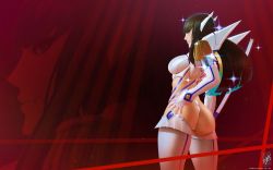 Rule 34 | 1girl, arm at side, armor, ass, bakuzan, black hair, blue eyes, boots, breastplate, breasts, commentary, english commentary, epaulettes, gloves, hair ornament, hairclip, hand on own hip, highres, holding, holding sword, holding weapon, junketsu, kamui (kill la kill), katana, kill la kill, kiryuuin satsuki, long hair, long sleeves, looking back, medium breasts, nose, paid reward available, panties, pantyshot, revealing clothes, solo, sparkle, straight hair, sword, themaestronoob, thick eyebrows, thigh boots, thong, thrusters, underwear, weapon, white footwear, white gloves, white panties, zoom layer