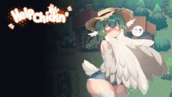 Rule 34 | 1girl, ?, ahoge, bare shoulders, birb (niniidawns), bird legs, bird tail, blank eyes, blush, braid, denim, denim shorts, feathered wings, feathers, game screenshot background, green hair, hair between eyes, harpy, hat, head wings, heart, heart ahoge, highres, long hair, monster girl, niniidawns, non-web source, original, shorts, solo, spoken animal, straw hat, tail, title screen, twin braids, wavy mouth, white feathers, white wings, wide hips, wing ears, winged arms, wings