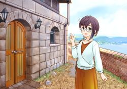 Rule 34 | 1girl, asymmetrical hair, bag, brick, building, commentary request, day, dress, glasses, green eyes, hitakikan, kantai collection, long sleeves, looking at viewer, official alternate costume, okinami (kancolle), open mouth, orange dress, outdoors, purple hair, short hair, sky, solo
