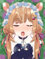 Rule 34 | 1girl, black gloves, blush, cum, cum in mouth, cum on body, cum on clothes, cum on hair, eli conifer, closed eyes, facial, flower, from above, gloves, grass, hair ornament, hair ribbon, highres, long hair, mamimume-mo, nijisanji, open mouth, red ribbon, ribbon, saliva, solo, twintails, virtual youtuber