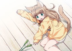 Rule 34 | 1girl, 40hara, animal ear fluff, animal ears, aqua eyes, blonde hair, blunt bangs, cat ears, cat tail, cat teaser, clothes writing, collar, fang, green eyes, kinako (40hara), long hair, lying, on side, open mouth, original, red collar, solo, tail, wooden floor