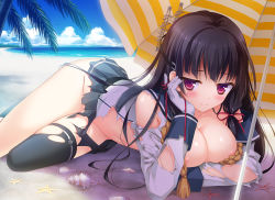 Rule 34 | 10s, 1girl, asymmetrical legwear, bad id, bad pixiv id, beach, beach umbrella, black hair, black thighhighs, blush, breasts, cleavage, cloud, day, gloves, hair ornament, hand on own cheek, hand on own face, isokaze (kancolle), kantai collection, kimishima ao, large breasts, long hair, looking at viewer, no panties, outdoors, red eyes, school uniform, seashell, serafuku, shell, single thighhigh, skirt, smile, solo, starfish, thigh gap, thighhighs, torn clothes, torn skirt, umbrella, uneven legwear, white gloves
