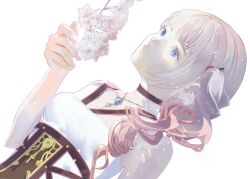 Rule 34 | 1girl, blue eyes, breasts, closed mouth, cofffee, final fantasy, final fantasy xiii, final fantasy xiii-2, flower, jewelry, long hair, medium breasts, necklace, pink hair, serah farron, side ponytail, simple background, solo, white background