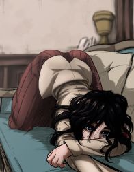 Rule 34 | 1girl, absurdres, ass, black hair, couch, curtains, drawing, female focus, hair over face, highres, indoors, long hair, lord guyis, pieck finger, pillow, shingeki no kyojin, smile, solo, top-down bottom-up, urn