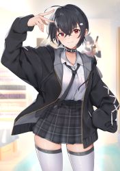 Rule 34 | 1girl, ahoge, arm up, black hair, black jacket, black necktie, black skirt, blurry, blurry background, cat hair ornament, collared shirt, commentary request, depth of field, dress shirt, grey thighhighs, hair between eyes, hair ornament, hairclip, highres, hood, hood down, hooded jacket, indoors, jacket, long sleeves, nail polish, necktie, open clothes, open jacket, original, pink nails, plaid, plaid skirt, pleated skirt, puffy long sleeves, puffy sleeves, red eyes, shirt, skirt, sleeves past fingers, sleeves past wrists, solo, tapioka (oekakitapioka), thighhighs, v, white shirt