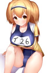 Rule 34 | 10s, 1girl, bad id, bad pixiv id, boruhis, breast hold, breasts, brown eyes, clothes writing, hairband, i-26 (kancolle), kantai collection, large breasts, light brown hair, long hair, looking at viewer, name tag, new school swimsuit, one-piece swimsuit, open clothes, sailor collar, school swimsuit, short sleeves, sitting, solo, swimsuit, swimsuit under clothes, two-tone hairband, two side up, zipper