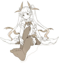 Rule 34 | 10s, 1girl, bare shoulders, blush, bracelet, brooch, closed mouth, eyebrows, feet, female focus, frilled skirt, frills, full body, granblue fantasy, hair ornament, io (granblue fantasy), jewelry, legs together, long hair, looking at viewer, monochrome, no shoes, simple background, sitting, skirt, smile, solo, thighhighs, twintails, two side up, white background, zaxwu