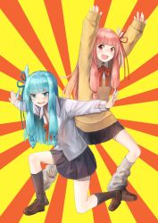 Rule 34 | 2girls, :d, aqua eyes, aqua hair, arms up, black legwear, blunt bangs, blush, bow, bowtie, brown footwear, commentary request, fang, full body, hair ornament, highres, kotonoha akane, kotonoha aoi, loafers, long hair, long sleeves, looking at viewer, loose socks, multiple girls, netamaru, on one knee, one side up, open mouth, outstretched arms, pink hair, pleated skirt, red eyes, red neckwear, school uniform, shirt, shoes, siblings, sidelocks, sisters, skirt, sleeves past wrists, smile, smug, socks, spread arms, standing, sweater, twins, two-tone background, v-shaped eyebrows, voiceroid, white legwear, white shirt, wing collar