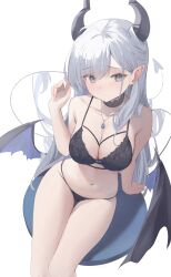 Rule 34 | 1girl, ahoge, arm support, armpit crease, bare arms, bare shoulders, black bra, black choker, black horns, black panties, black wings, blue eyes, blush, borrowed character, bra, breasts, choker, cleavage, closed mouth, commentary, demon girl, demon horns, demon tail, demon wings, english commentary, feet out of frame, furrowed brow, grey hair, hair on horn, hair over shoulder, hand up, highres, horns, jewelry, lace-trimmed choker, lace trim, large breasts, long hair, looking to the side, low wings, navel, necklace, original, panties, plo1154, pointy ears, shadow, simple background, sitting, solo, stomach, string panties, tail, thea (nekojira), thigh gap, thighs, underwear, underwear only, very long hair, white background, wings