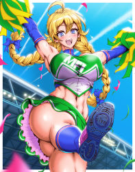Rule 34 | 1girl, abs, ahoge, alicia sinclair, arms up, ass, bare shoulders, blonde hair, blue eyes, blue sky, blue socks, border, braid, breasts, cheerleader, confetti, contrail, elbow gloves, freckles, frills, from below, gloves, green shirt, green skirt, hair between eyes, hair ribbon, highres, jazz kawa sodom, jikkyou powerful pro yakyuu, jikkyou powerful soccer, kneehighs, large breasts, linea alba, long hair, midriff, miniskirt, muscular, muscular female, panties, pom pom (cheerleading), power soccer kun, red panties, ribbon, shirt, shoes, skirt, sky, sneakers, socks, solo, stadium, standing, standing on one leg, sweat, taut clothes, taut shirt, thick thighs, thighs, thong, tight clothes, tight shirt, toned, turtleneck, twin braids, underwear, white border