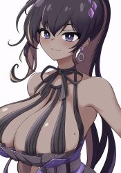 Rule 34 | 1girl, bare shoulders, black hair, blonde hair, blue eyes, blush, breasts, closed mouth, collarbone, colored inner hair, dark-skinned female, dark skin, dress, earrings, goddess of victory: nikke, hair ornament, high ponytail, highres, huge breasts, jewelry, looking at viewer, mole, mole on breast, multicolored hair, noise (nikke), purple dress, simple background, single earring, smile, solo, thigh strap, white background, yoonsun