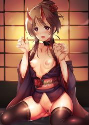 Rule 34 | 1girl, :d, absurdres, animal print, bare shoulders, black collar, blush, bottomless, breasts, brown hair, brown thighhighs, butterfly print, cleft of venus, collar, collarbone, commentary request, cosplay, fang, fate/grand order, fate (series), female pubic hair, fingernails, floral print, flower, gluteal fold, gradient eyes, hair bun, hair flower, hair ornament, hands up, heart, heart-shaped pupils, highres, horns, idolmaster, idolmaster cinderella girls, idolmaster cinderella girls starlight stage, japanese clothes, kimono, long sleeves, looking at viewer, ment, multicolored eyes, nail polish, nipples, obi, off shoulder, oni, open clothes, open kimono, open mouth, pink nails, print kimono, pubic hair, purple kimono, pussy, pussy juice, red flower, revealing clothes, sash, seiza, shiny clothes, shiny legwear, shiny skin, short hair with long locks, shuten douji (fate), shuten douji (fate) (cosplay), sidelocks, single hair bun, sitting, skin-covered horns, small breasts, smile, solo, symbol-shaped pupils, takamori aiko, thighhighs, uncensored, wide sleeves
